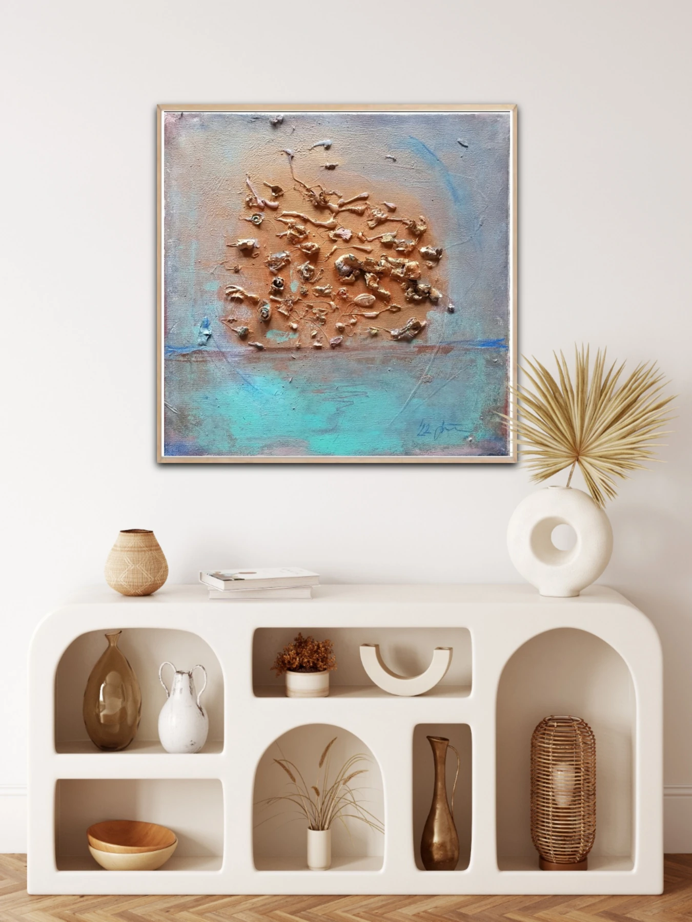 Full moon over ocean — original painting by Zuzana Šutková, shown in an interior