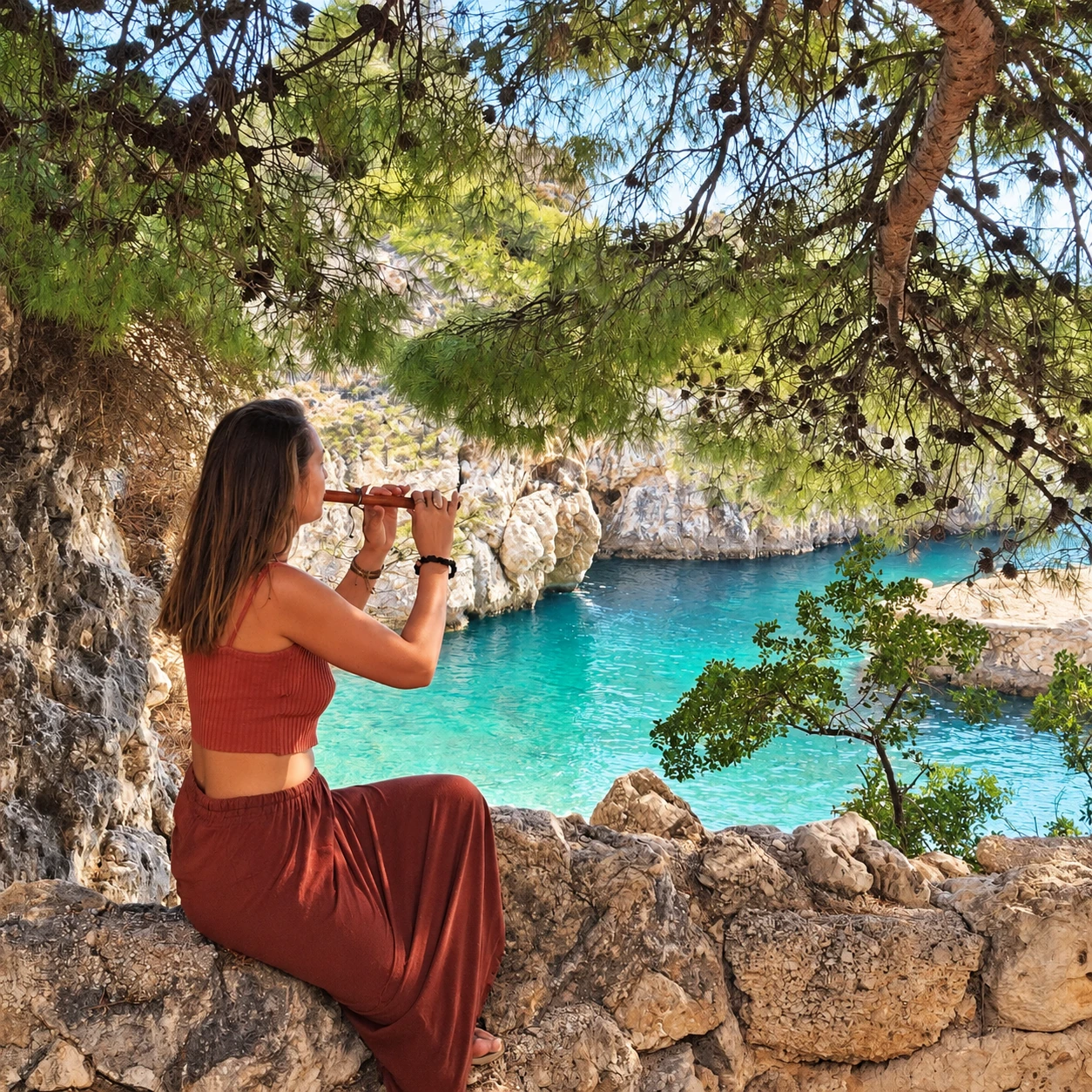 Zuzana playing a wooden flute under pine trees beside turquoise water — enhanced photograph