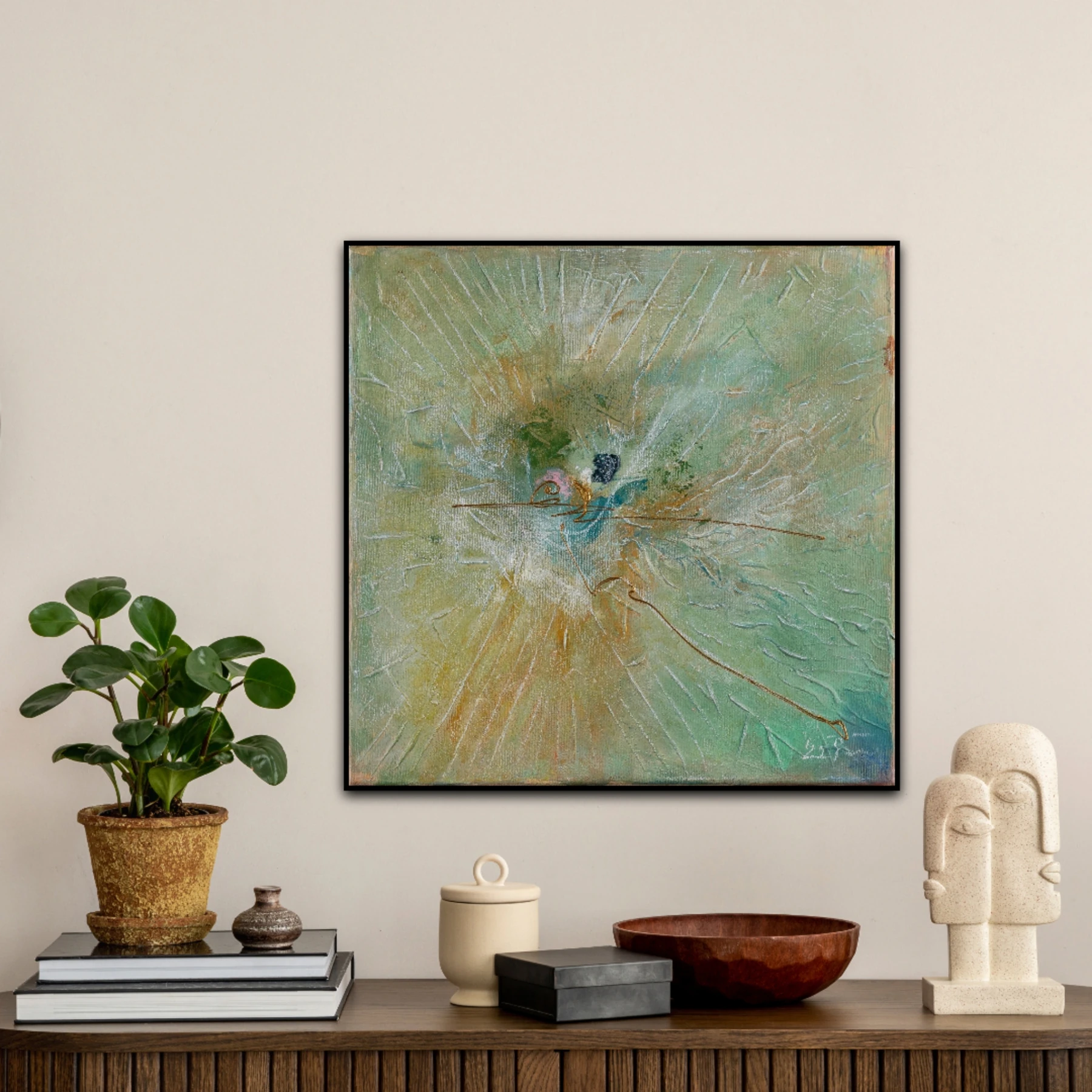 Shine from the middle — original painting by Zuzana Šutková, shown in an interior